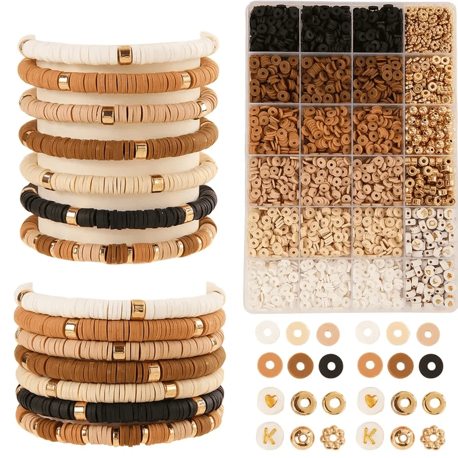 2600颗波西米亚风大地色系聚合物粘土珠子套装，24格带字母隔片，适合DIY手链、手机挂饰、钥匙扣等饰品制作 - 时尚手工套装，波西米亚风格，饰品制作套装 - 咖啡 - 查看 1