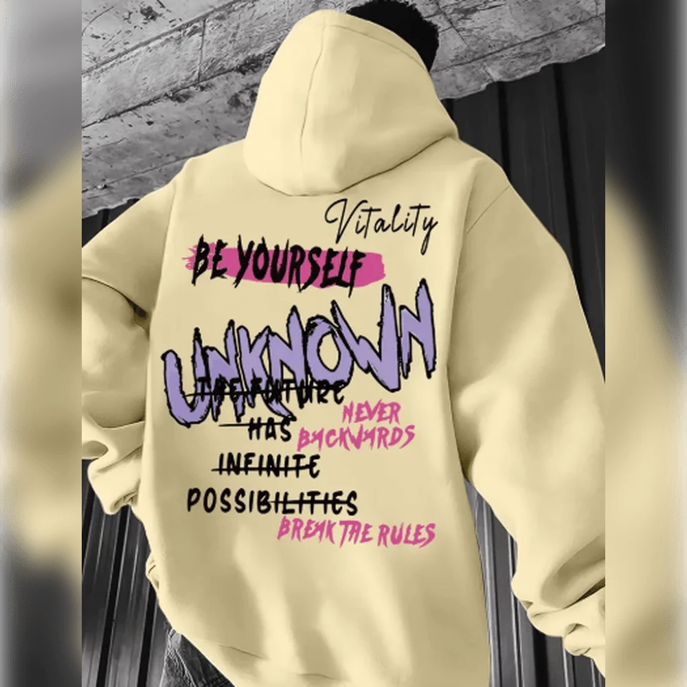 Moletom Masculino Casual com Estampa Geométrica e Frase Inspiradora, Tecido de Malha de Algodão , Gola com Capuz, Modelagem Regular, Temporada Primavera/Outono - Design Desconhecido Tem Infinitas Possibilidades - Bege - Visão 1