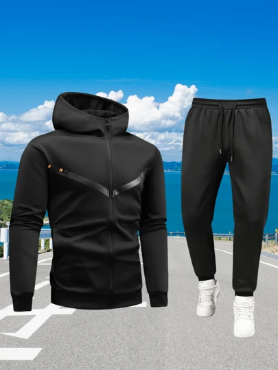 Men's Casual Sports Suit, Hooded Sweatshirt Sweatshirt With Drawstring, Pants Set, Outdoor Sports, Running, Fitness, Home Wear, High Quality 2 Pieces Sportswear Top And Bottom Set