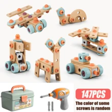 1 Pc A Complete Set Of Children's Wooden Block Toolbox Assembly, Screw Screwing, Children's Toys, Educational Hand Drill Assembly And Disassembly Play - Multicolor - View 9