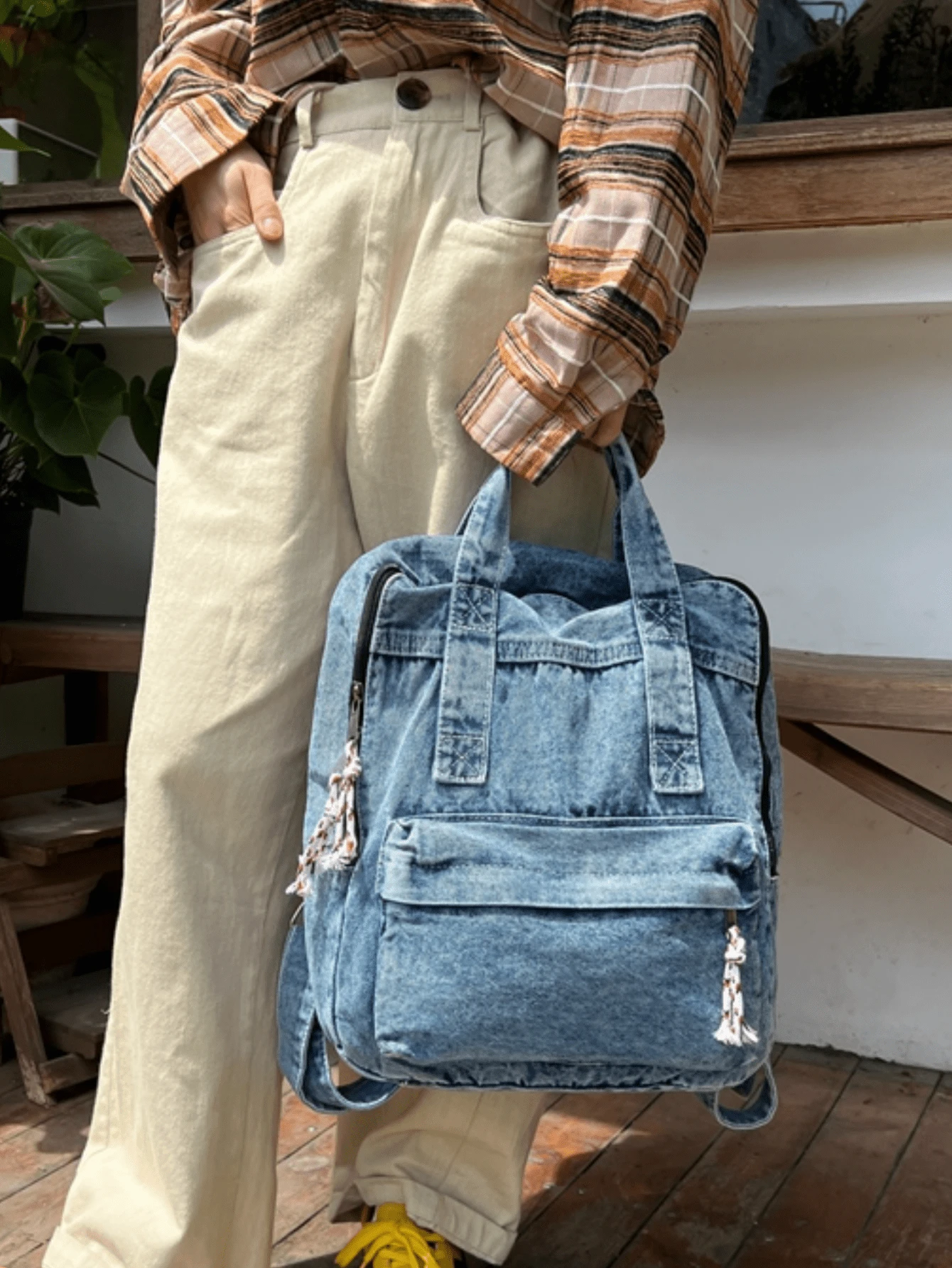 Zaino stile jeans vintage, borsa da pendolare di grande capacità per donne stile INS, zaino casual da viaggio e all'aperto pieghevole