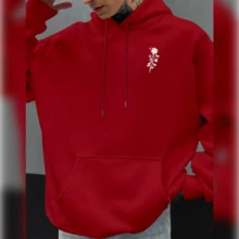 Men's Casual Sweatshirt With Rose & Lightning Bolt Print, "Confidence" Inspirational Text, Front Pockets, Machine Washable, Regular Fit For Fall Winter, Modern Design, Quality Stitching, Hoodie, For Fashion Enthusiasts - 紫紅色 - 查看 2