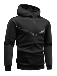 男士休闲运动套装，带抽绳连帽运动衫，裤子套装，户外运动，跑步，健身，家居服，高品质两件套运动服上衣和下装 - 黑色 - 查看 2