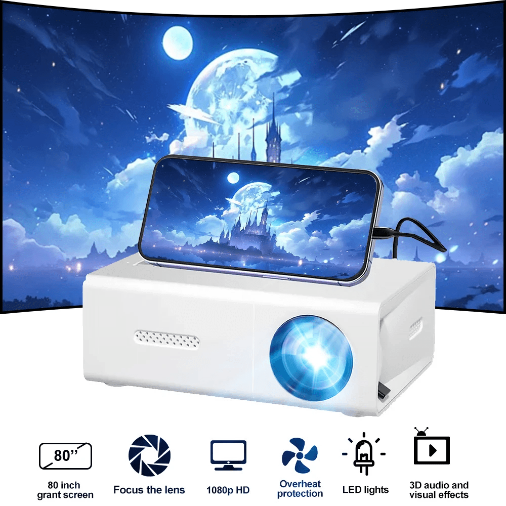 1080P Full HD professioneller tragbarer Videoprojektor, Heimkino & Outdoor Camping Filmprojektor, kompatibel mit USB, Weihnachten, Halloween, Urlaubsgeschenk, eingebauter Lautsprecher, modernes Design