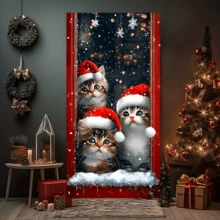 1 Stück Weihnachts-Kätzchen Türverkleidung Hintergrundstoff, aus Polyester, mit Weihnachts-Kätzchen Hintergrunddesign, geeignet für Innen- und Außendekoration, Partys und Szenendekoration, ohne Strombedarf