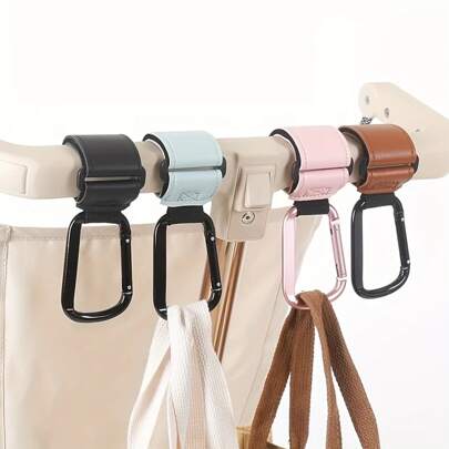 2 件婴儿推车皮革和铝合金挂钩，方便婴儿推车钩环钩用于悬挂尿布袋，婴儿推车、汽车或购物车通用配件