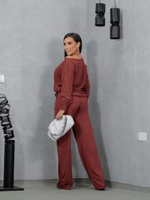 Women's Winter Set With Long Sleeve Lanzinha And Wide Leg Pants - 紅陶 - 查看 3