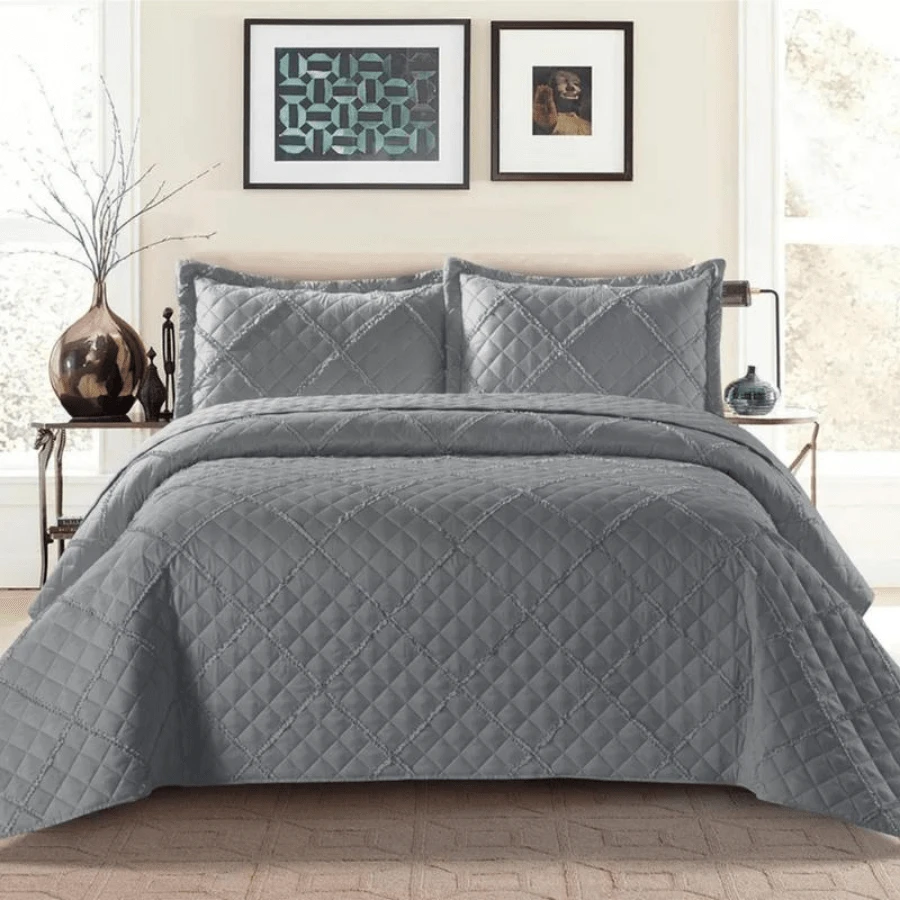 Embossed Ruffle Quilted Bedspread Bed Throw Single Double King Size Bedding Set - 灰色 - 荷葉邊 - 查看 1