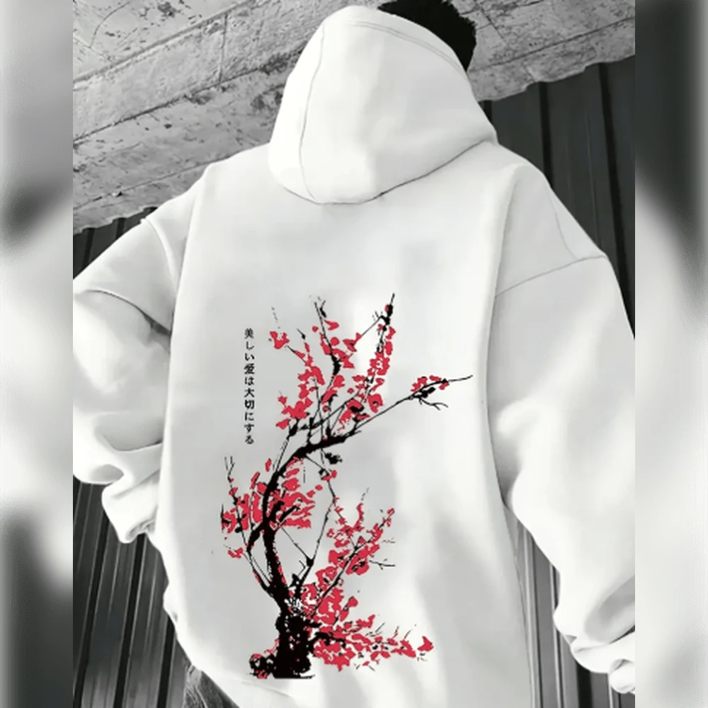 Men's Casual Floral Letter Print Sweatshirt, Non-Stretch Knit Fabric, Loose Fit With Pocket, Hooded Neck - Essential Fall/Winter Pullover Sweater - 白色 - 查看 1
