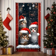 1 Stück Weihnachts-Kätzchen Türverkleidung Hintergrundstoff, aus Polyester, mit Weihnachts-Kätzchen Hintergrunddesign, geeignet für Innen- und Außendekoration, Partys und Szenendekoration, ohne Strombedarf