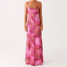 SCATTERCASTREA Beach Vacation Coquette Mesh Cocktail Sundress Women Floral Spaghetti Strap Maxi Dress Summer Sexy Backless Bodycon Long Dress - A_Beige - 查看 3