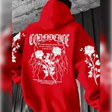 Men's Casual Sweatshirt With Rose & Lightning Bolt Print, "Confidence" Inspirational Text, Front Pockets, Machine Washable, Regular Fit For Fall Winter, Modern Design, Quality Stitching, Hoodie, For Fashion Enthusiasts - 紫紅色 - 查看 1
