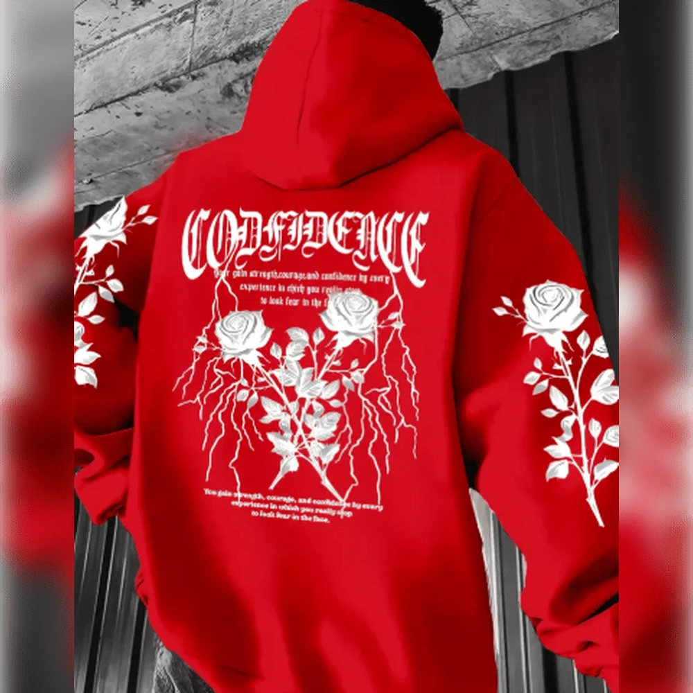 Men's Casual Sweatshirt With Rose & Lightning Bolt Print, "Confidence" Inspirational Text, Front Pockets, Machine Washable, Regular Fit For Fall Winter, Modern Design, Quality Stitching, Hoodie, For Fashion Enthusiasts - 紫紅色 - 查看 1