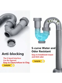 1 pezzo Tubo di scarico a forma di S per lavandino, Tubo di scarico per lavabo da 1,25 pollici, Tubo di scarico flessibile per lavandino anti-odore