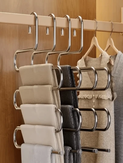 1pc Stainless Steel Multi-Layer Pants Rack, S-Shaped Multi-Functional Clothes Hanger, Home Wardrobe Pants Scarf Towel Storage Rack, Multi-Layer Design Saves Space, Sturdy & Non-Slip, Suitable For Jeans And Pants, Wardrobe & Bedroom Clothing Organization (Random Color)