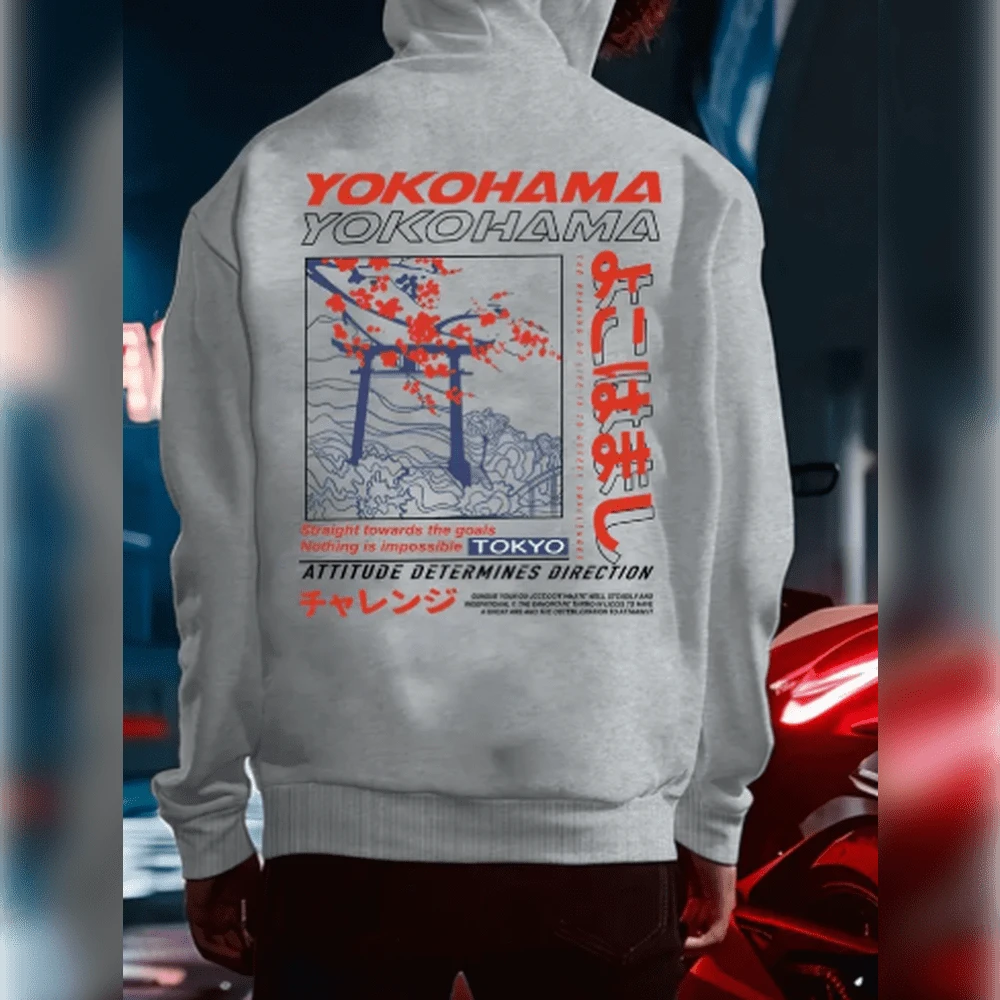 Men's Tokyo Print Loose Fit Sweatshirt - Gray Long Sleeve Pullover With Cherry Blossom & Japanese Text Design, Casual Fall/Winter Streetwear, Autumn Winter Clothing | Hoodie With Back Graphic | Japanese Text Decoration - 灰色 - 查看 1