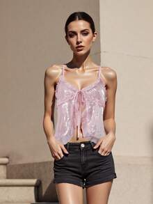 Women's Sequin Tank Tops Stylish Front Tie Ruffled Trim Spaghetti Strap Camisoles For Summer - 粉色 - 查看 1