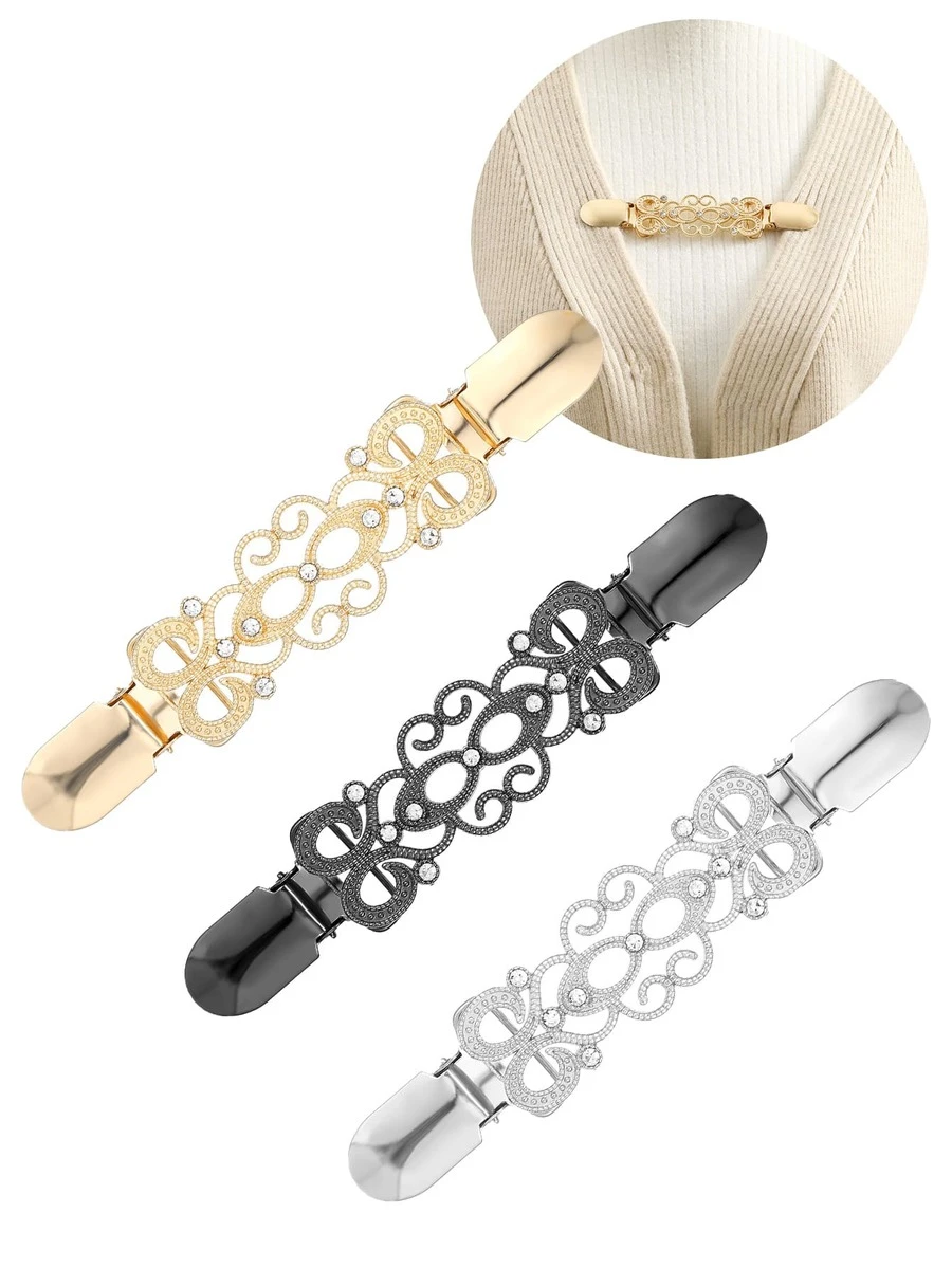 女士复古毛衣开衫胸针，腰带夹，衬衫胸针夹，银色、金色和黑色花卉图案毛衣披肩夹 - 腰带披肩开衫夹，用于收紧连衣裙裤子腰部胸针，适合服装和礼品 - 彩色 - 查看 1