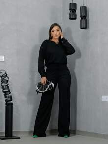 Women's Winter Set With Long Sleeve Lanzinha And Wide Leg Pants - Negro - Ver 3