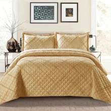 Embossed Ruffle Quilted Bedspread Bed Throw Single Double King Size Bedding Set - 芥末黃 - 荷葉邊 - 查看 2