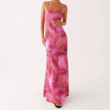SCATTERCASTREA Beach Vacation Coquette Mesh Cocktail Sundress Women Floral Spaghetti Strap Maxi Dress Summer Sexy Backless Bodycon Long Dress - A_Beige - 查看 5