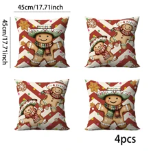 4 piezas/280 piezas Fundas de almohada con tema navideño, fondo a rayas con elementos de hombre de jengibre, adecuadas para la decoración navideña de la sala de estar, el dormitorio y el sofá, fundas de almohada de 45x45cm, decoración para fiestas y reuniones navideñas, decoración de restaurantes, decoración para ambientar fiestas, sin relleno de almohada, adecuado para uso diario, vacaciones, fiestas, cumpleaños, bodas, cenas, cocina, comedor y otras decoraciones textiles para el hogar