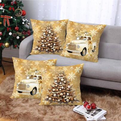 4pcs/280pcs Christmas Theme Pillow Covers, Golden Car & Christmas Tree Pattern, Suitable For Christmas Living Room Bedroom Sofa Decor, Christmas Party Gathering Decor, Christmas Party Restaurant Decor, Party Atmosphere Decoration, Pillow Inserts Not Included, Applicable For Daily, Holiday, Party, Birthday, Wedding, Dinner, Kitchen, Dining Room And Other Home Textile Decor