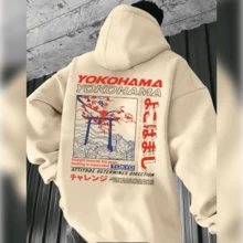 Men's Tokyo Print Loose Fit Sweatshirt - Gray Long Sleeve Pullover With Cherry Blossom & Japanese Text Design, Casual Fall/Winter Streetwear, Autumn Winter Clothing | Hoodie With Back Graphic | Japanese Text Decoration - 米色 - 查看 1