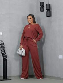 Women's Winter Set With Long Sleeve Lanzinha And Wide Leg Pants - 紅陶 - 查看 2