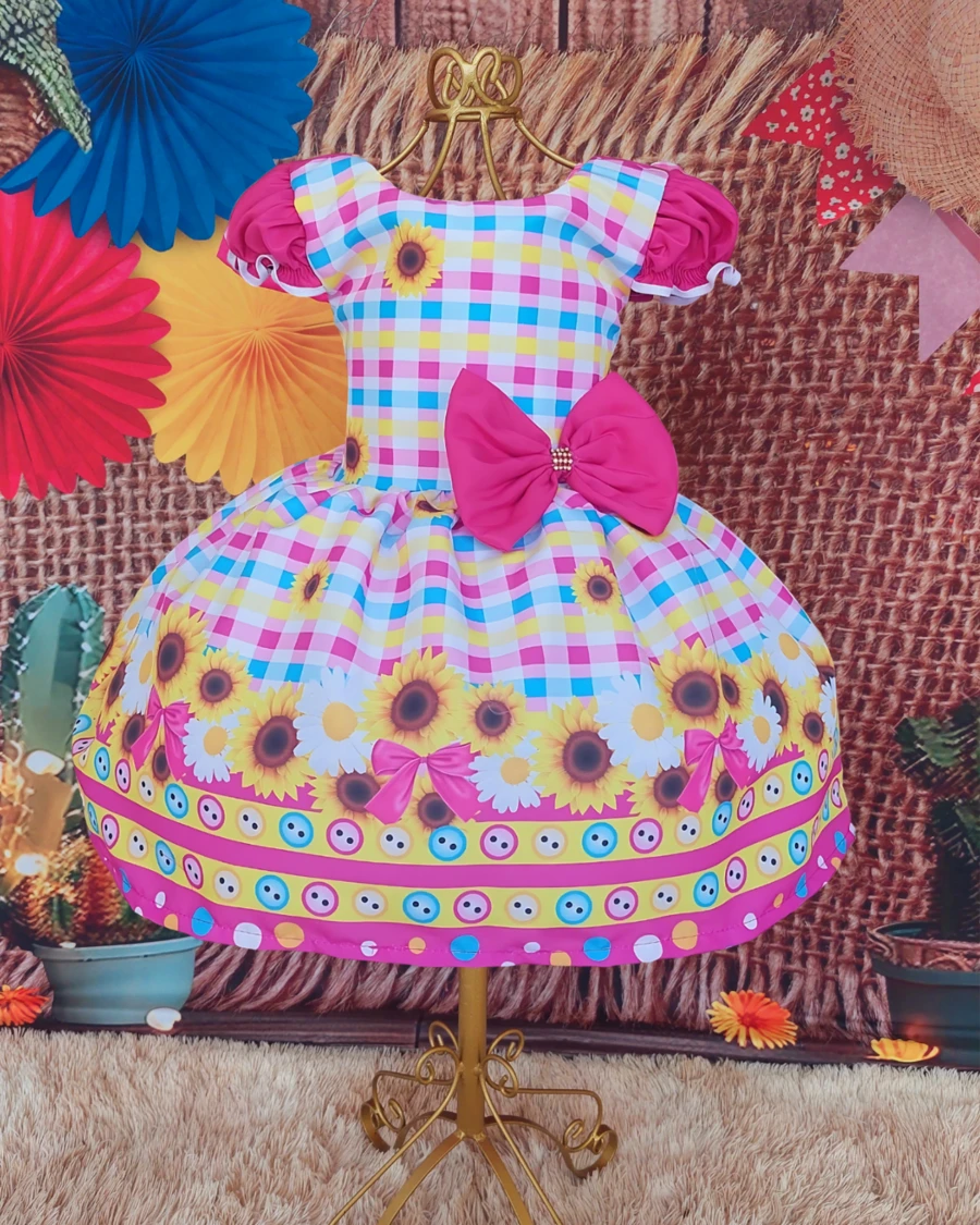 Children's Dress June Party Caipira Saint John Plaid Bow Square Dance School Fair Arraiá Northeast Costume Popcorn Queen Little Girl Girl Festivity Ruffle Youth Typical June Party - Hồng - Xem 1