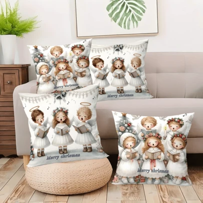 4pcs/280pcs Christmas Themed Pillow Covers, Singing Angel Element Pattern, Suitable For Christmas Living Room Bedroom Sofa Decoration, 45x45cm Pillow Covers, Christmas Party Gathering Decoration, Christmas Party Restaurant Decoration, Party Atmosphere Decoration, Without Pillow Insert, Suitable For Daily, Festival, Party, Birthday, Wedding, Dinner, Kitchen And Dining Room Home Textile Decoration
