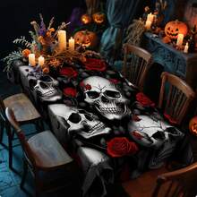 1/20 件桌布 - 骷髅，红色花卉图案耐用涤纶矩形桌布，可水洗，适用于万圣节派对、家庭餐厅和厨房装饰、厨房桌布、主题活动装饰 - 彩色 - 查看 2