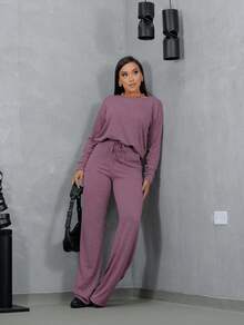 Women's Winter Set With Long Sleeve Lanzinha And Wide Leg Pants - Màu hồng gỉ - Xem 3