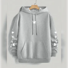 Men's Casual Fleece Lining Butterfly Print Sweatshirt With Drawstring &  Pocket - Cozy Spring & Autumn Pullover, Spring Fall Jacket | Butterfly Print Sweatshirt | Soft Texture Fabric - Grey - View 1
