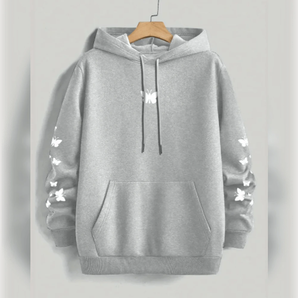 Men's Casual Fleece Lining Butterfly Print Sweatshirt With Drawstring &  Pocket - Cozy Spring & Autumn Pullover, Spring Fall Jacket | Butterfly Print Sweatshirt | Soft Texture Fabric - Grey - View 1