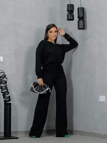 Women's Winter Set With Long Sleeve Lanzinha And Wide Leg Pants - Negro - Ver 2