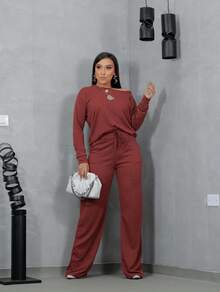 Women's Winter Set With Long Sleeve Lanzinha And Wide Leg Pants - 紅陶 - 查看 1