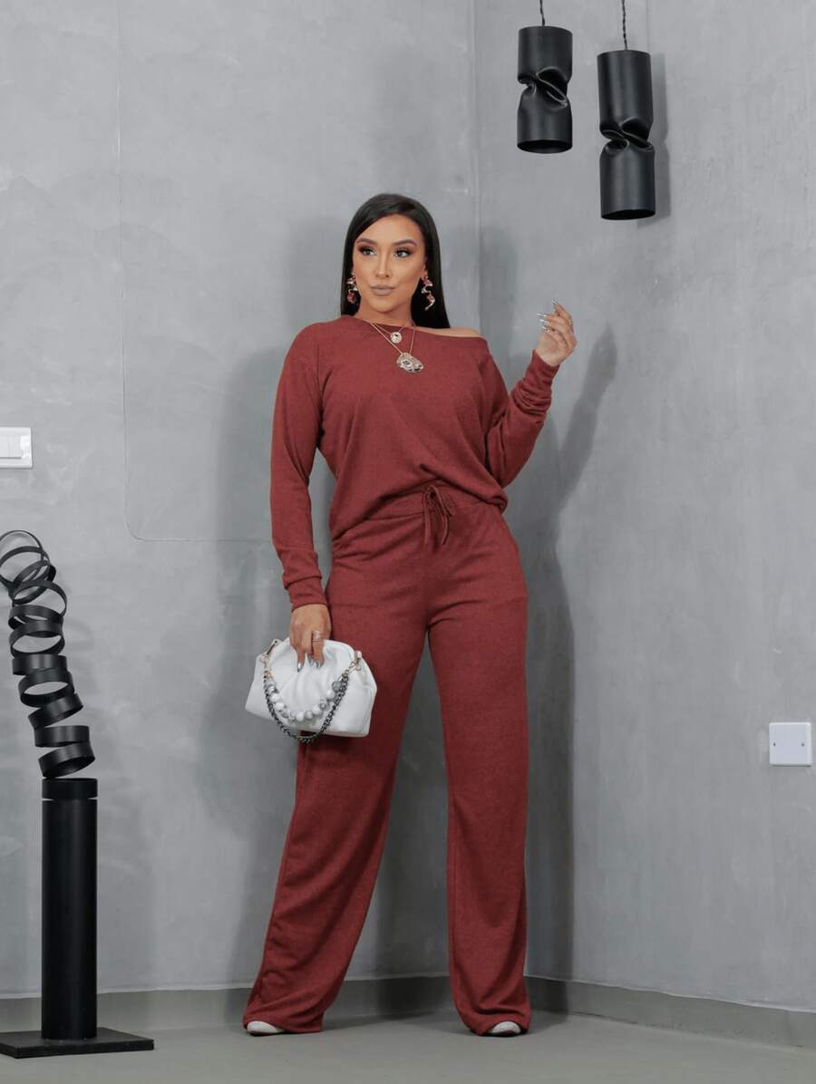 Women's Winter Set With Long Sleeve Lanzinha And Wide Leg Pants - 紅陶 - 查看 1