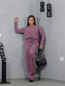 Women's Winter Set With Long Sleeve Lanzinha And Wide Leg Pants - Màu hồng gỉ - Xem 1