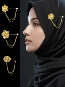 1枚优雅头巾别针，时尚花朵链条胸针，时尚穆斯林头巾配饰，连衣裙头巾胸针