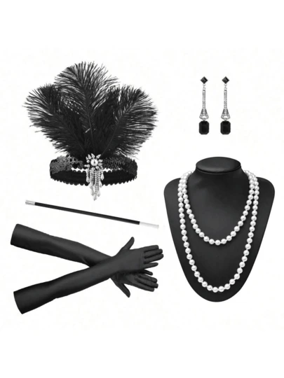 4PCS Women's 1920s Flapper Accessories Retro Party Props Gatsby Charleston Feather Headwear Faux Pearl Necklace Earrings With Long Gloves, Suitable For Women's Halloween Party Dress Accessories