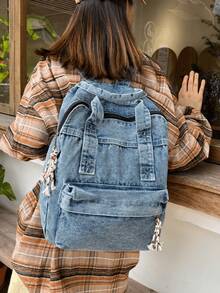 Zaino stile jeans vintage, borsa da pendolare di grande capacità per donne stile INS, zaino casual da viaggio e all'aperto pieghevole