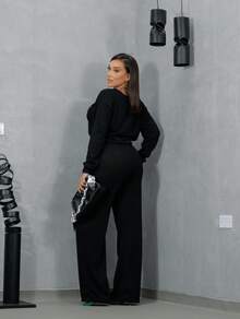 Women's Winter Set With Long Sleeve Lanzinha And Wide Leg Pants - Negro - Ver 4