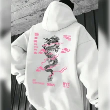 Men's Green Dragon Print Sweatshirt - Casual Loose Fit, Long Sleeve, Cotton Pullover With  Pocket, Inspired By NYC Streetwear, Relaxed Fit Clothing | Casual Style Hoodie | Cotton Sweatshirt - trắng - Xem 1