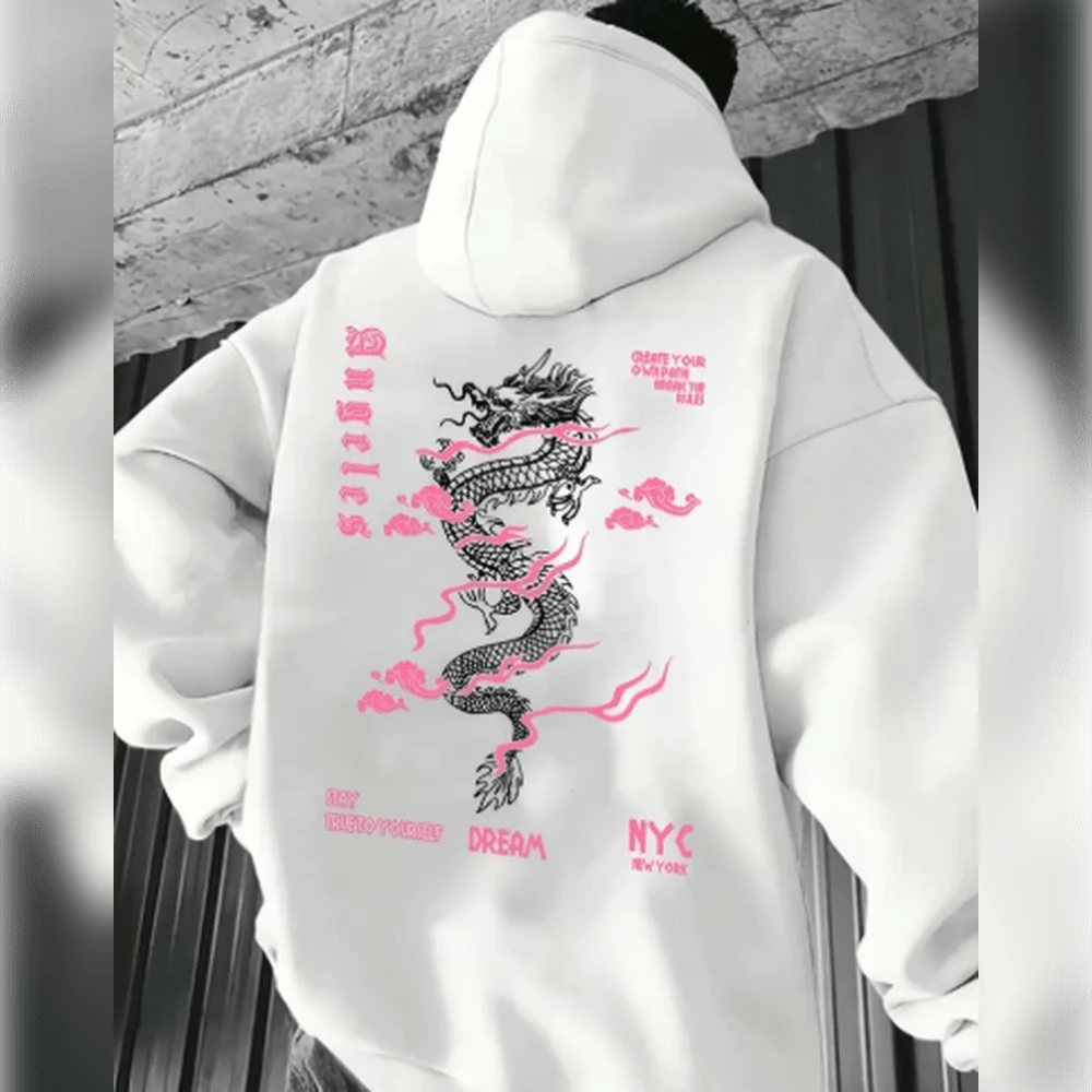 Men's Green Dragon Print Sweatshirt - Casual Loose Fit, Long Sleeve, Cotton Pullover With  Pocket, Inspired By NYC Streetwear, Relaxed Fit Clothing | Casual Style Hoodie | Cotton Sweatshirt - trắng - Xem 1