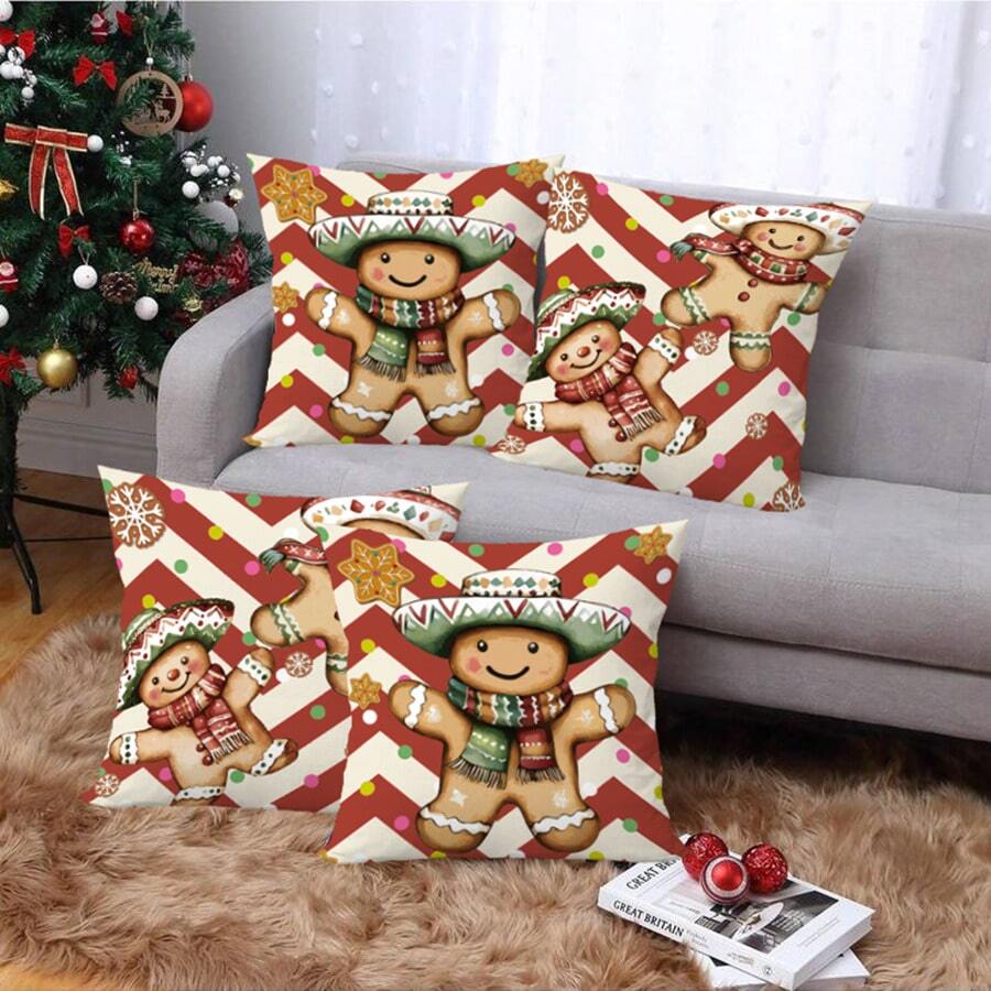 4 piezas/280 piezas Fundas de almohada con tema navideño, fondo a rayas con elementos de hombre de jengibre, adecuadas para la decoración navideña de la sala de estar, el dormitorio y el sofá, fundas de almohada de 45x45cm, decoración para fiestas y reuniones navideñas, decoración de restaurantes, decoración para ambientar fiestas, sin relleno de almohada, adecuado para uso diario, vacaciones, fiestas, cumpleaños, bodas, cenas, cocina, comedor y otras decoraciones textiles para el hogar