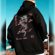 Men's Green Dragon Print Sweatshirt - Casual Loose Fit, Long Sleeve, Cotton Pullover With  Pocket, Inspired By NYC Streetwear, Relaxed Fit Clothing | Casual Style Hoodie | Cotton Sweatshirt - 黑色 - 查看 1