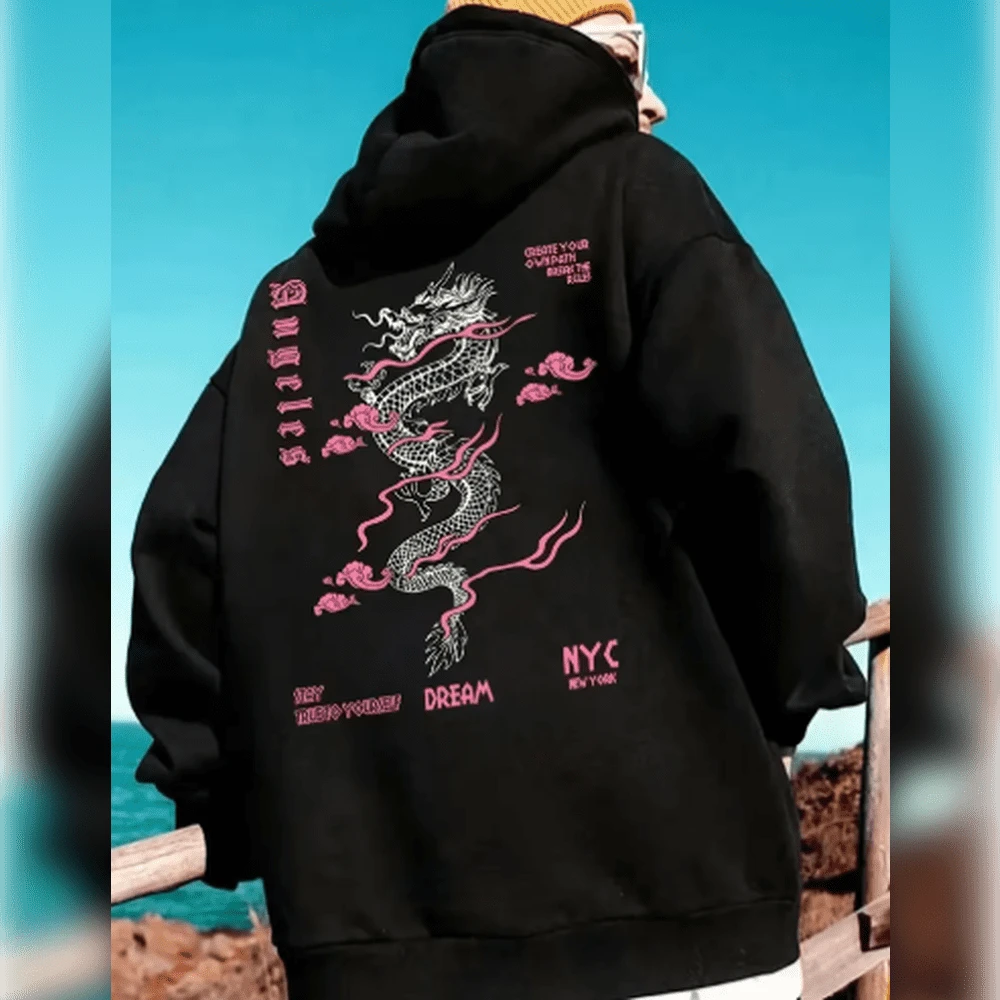 Men's Green Dragon Print Sweatshirt - Casual Loose Fit, Long Sleeve, Cotton Pullover With  Pocket, Inspired By NYC Streetwear, Relaxed Fit Clothing | Casual Style Hoodie | Cotton Sweatshirt - 黑色 - 查看 1