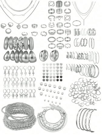 76-37pcs Bohemian Vintage Style Women Jewelry Set, Includes Necklace With Butterfly & Heart Pendants, Faux Pearl Stud Earrings, Bracelet, Adjustable Rings, Elegant Daily, Commute, Date, Vacation Accessories, Exquisite Holiday Gift