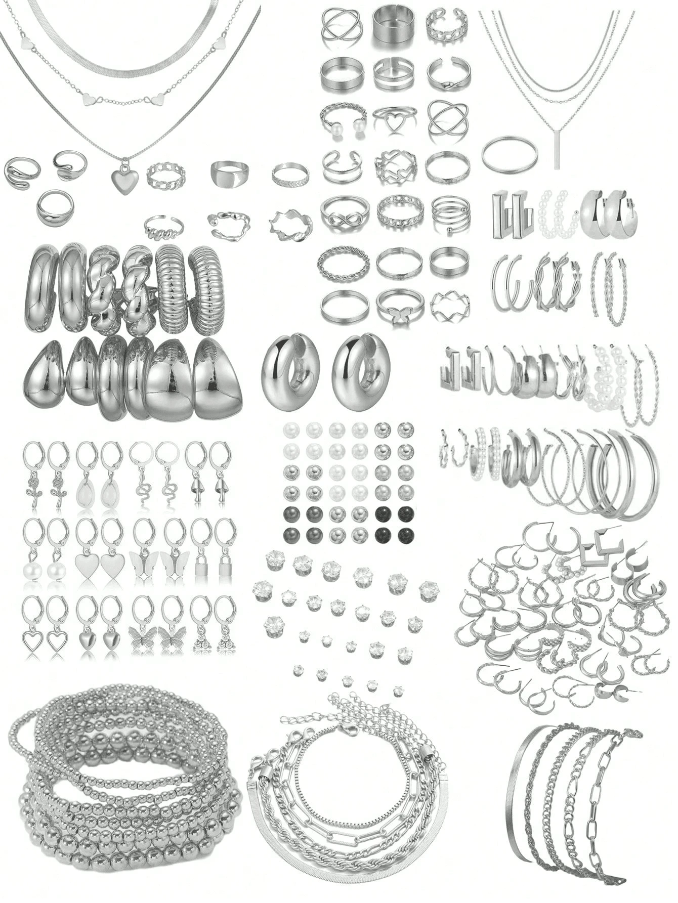 76-37 件波西米亚复古风格女士首饰套装，包括带蝴蝶和心形吊坠的项链、人造珍珠耳钉、手链、可调节戒指，优雅的日常、通勤、约会、度假配饰，精致的节日礼物